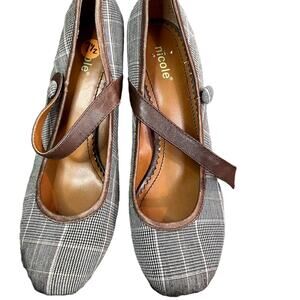 Nicole Size 7.5 Surprise Plaid brown tans top wedge shoe